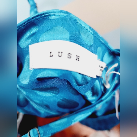 NWT LuLus Lush Celine Teal Blue Satin Polka Dot Twist-Front Mini Dress - Picture 9 of 11